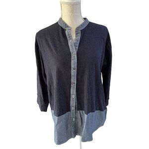 Gap Womens Button-Up Two-Tone Navy & Chambray Shirt With 3/4 Sleeves Size L